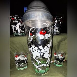 Vintage 1950s Hazel-Atlas "Tally Ho" Fox Hunt Cocktail Shaker & 4 Shot glasses